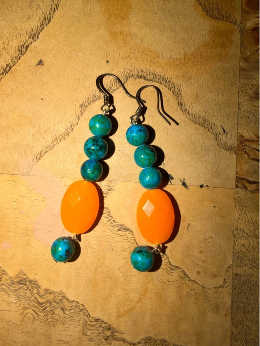 Handmade Blue and Orange Dangly Earrings